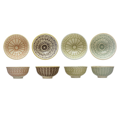 Stoneware Bowl w/ Pattern, 4 Colors