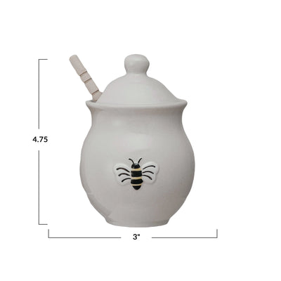 Stoneware Honey Jar w/ Embossed Bee & Wood Dipper, Set of 2