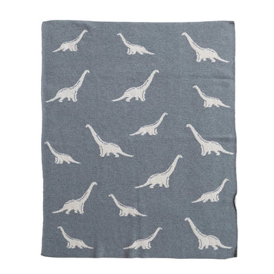 Cotton Knit Baby Blanket with Dinosaurs, Light Grey & Natural