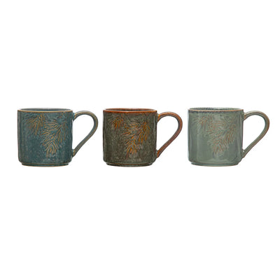 8 oz. Embossed Stoneware Mug w/ Pine Bough, Reactive Glaze, 3 Colors