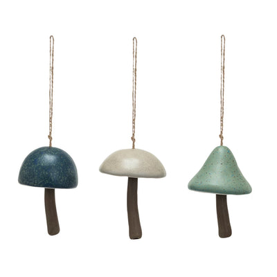 Stoneware Mushroom Bell Ornament w/ Jute Hanger, Multi Color Speckled, 3 Styles